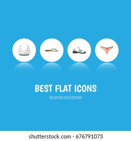 Flat Icon Clothes Set Of Beach Sandal, Sneakers, Brasserie Vector Objects. Also Includes Shoes, Sport, Panties Elements.