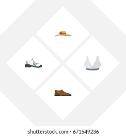 Flat Icon Clothes Set Of Brasserie, Male Footware, Sneakers And Other Vector Objects. Also Includes Headgear, Sneakers, Shoes Elements.