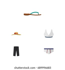Flat Icon Clothes Set Of Brasserie, Pants, Beach Sandal Vector Objects. Also Includes Hat, Sport, Leggings Elements.
