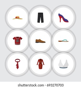 Flat Icon Clothes Set Of Brasserie, Cravat, Beach Sandal Vector Objects. Also Includes Garment, Headgear, Dress Elements.