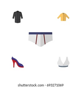 Flat Icon Clothes Set Of Brasserie, Underclothes, Uniform And Other Vector Objects. Also Includes Heeled, Kimono, Underwear Elements.