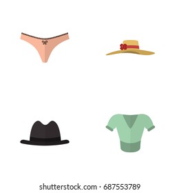 Flat Icon Clothes Set Of Casual, Panama, Lingerie And Other Vector Objects. Also Includes Panties, Hat, Lingerie Elements.