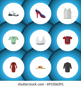 Flat Icon Clothes Set Of Casual, Brasserie, Uniform And Other Vector Objects. Also Includes Sleeveless, Gumshoes, Clothes Elements.