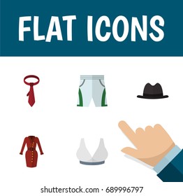 Flat Icon Clothes Set Of Cravat, Brasserie, Panama And Other Vector Objects. Also Includes Cloth, Shorts, Garment Elements.