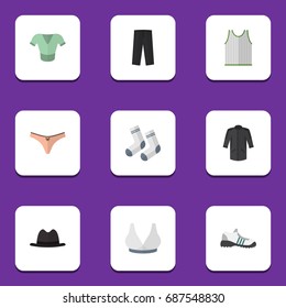 Flat Icon Clothes Set Of Foot Textile, Panama, Casual And Other Vector Objects. Also Includes Clothes, Hat, Sleeveless Elements.