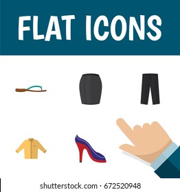 Flat Icon Clothes Set Of Heeled Shoe, Banyan, Beach Sandal Vector Objects. Also Includes Skirt, Man, Trousers Elements.