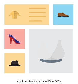 Flat Icon Clothes Set Of Heeled Shoe, Panama, Brasserie And Other Vector Objects. Also Includes Sport, Hat, Panama Elements.