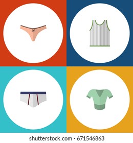 Flat Icon Clothes Set Of Lingerie, Casual, Singlet And Other Vector Objects. Also Includes Panties, Shirt, Sleeveless Elements.