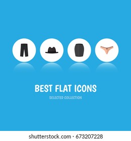 Flat Icon Clothes Set Of Lingerie, Panama, Stylish Apparel And Other Vector Objects. Also Includes Woman, Panama, Skirt Elements.