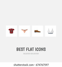 Flat Icon Clothes Set Of Lingerie, Brasserie, T-Shirt And Other Vector Objects. Also Includes Footware, Blouse, Man Elements.