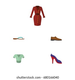 Flat Icon Clothes Set Of Male Footware, Heeled Shoe, Clothes And Other Vector Objects. Also Includes Clothes, Blouse, Sandal Elements.