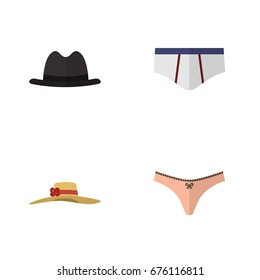 Flat Icon Clothes Set Of Panama, Elegant Headgear, Lingerie And Other Vector Objects. Also Includes Underclothes, Fedora, Lingerie Elements.