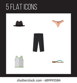 Flat Icon Clothes Set Of Panama, Pants, Lingerie And Other Vector Objects. Also Includes Flop, Sleeveless, Trousers Elements.