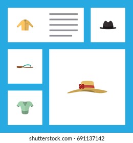 Flat Icon Clothes Set Of Panama, Beach Sandal, Banyan Vector Objects. Also Includes Headgear, Man, Clothes Elements.