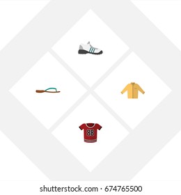 Flat Icon Clothes Set Of Sneakers, T-Shirt, Banyan And Other Vector Objects. Also Includes Blouse, Flip, Man Elements.