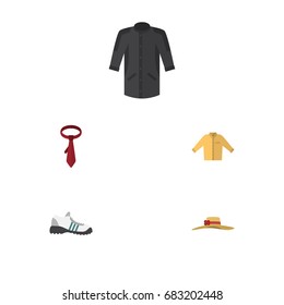 Flat Icon Clothes Set Of Sneakers, Uniform, Cravat And Other Vector Objects. Also Includes Woman, Tie, Shirt Elements.
