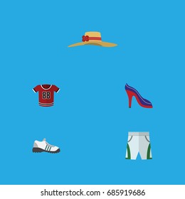 Flat Icon Clothes Set Of Sneakers, Heeled Shoe, Trunks Cloth And Other Vector Objects. Also Includes Sandal, Uniform, Shorts Elements.