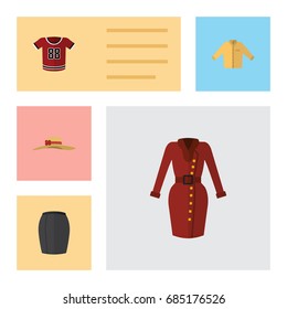 Flat Icon Clothes Set Of Clothes, Stylish Apparel, Banyan And Other Vector Objects. Also Includes Dress, Skirt, Headgear Elements.