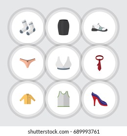 Flat Icon Clothes Set Of Stylish Apparel, Banyan, Brasserie And Other Vector Objects. Also Includes Shoes, Lingerie, Singlet Elements.