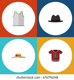 Flat Icon Clothes Set Of T-Shirt, Singlet, Panama And Other Vector Objects. Also Includes Sleeveless, Blouse, Hat Elements.