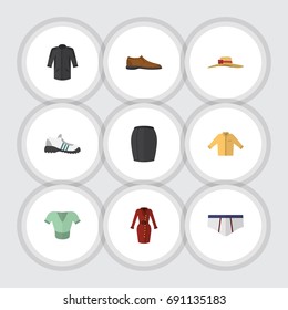Flat Icon Clothes Set Of Underclothes, Sneakers, Uniform And Other Vector Objects. Also Includes Footware, Garment, Headgear Elements.