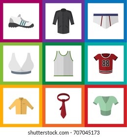 Flat Icon Clothes Set Of Underclothes, T-Shirt, Cravat And Other Vector Objects. Also Includes Sport, Cravat, Uniform Elements.
