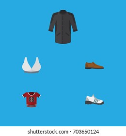 Flat Icon Clothes Set Of Uniform, Male Footware, T-Shirt And Other Vector Objects. Also Includes Bra, Uniform, Shoe Elements.