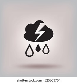 Flat icon. Cloud, lightning and rain. Drops fall from the cloud. A flash of lightning.