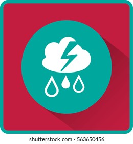 Flat icon. Cloud, lightning and rain. Drops fall from the cloud. A flash of lightning.