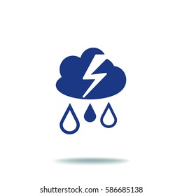 Flat icon. Cloud, lightning and rain. Drops fall from the cloud. A flash of lightning.