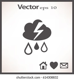 Flat icon. Cloud, lightning and rain. Drops fall from the cloud. A flash of lightning.