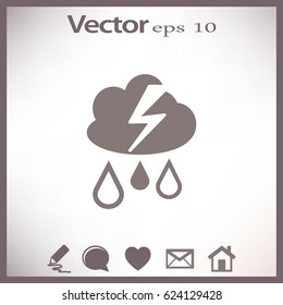 Flat icon. Cloud, lightning and rain. Drops fall from the cloud. A flash of lightning.
