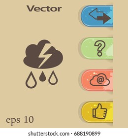 Flat icon. Cloud, lightning and rain. Drops fall from the cloud. A flash of lightning.