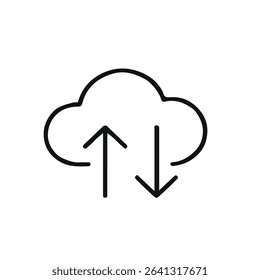 Flat icon of a cloud with upload and download arrows, symbolizing cloud storage, online backup, data sync, cloud computing, and file sharing. Perfect for tech services, apps, data infrastructure.