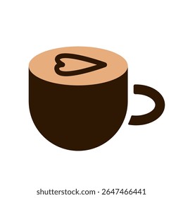 Flat icon of coffee cup with heart-shaped latte art on top. Minimal vector illustration. Hot drink and coffee break concept 