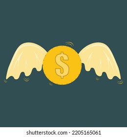 Icono plano de una moneda con alas voladoras. Concepto de pérdida de dinero y caída de la moneda. Inflación. Ilustración vectorial de las finanzas y los negocios.