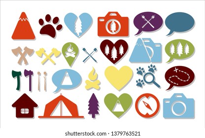 Flat icon collection camping and wild life. Adventure with family. Animals and wood. Mountains and capm fire. Icon for mobile phone and web.