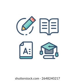 A flat icon collection depicting education elements. It shows a pencil, book, graduation cap and grade document. Clean and modern style.