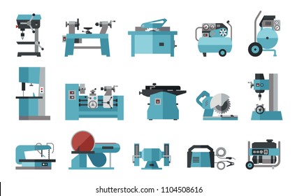 Flat icon collection of electric machine tools  for wood, metal, plastic, stone, etc. Machines used in production in various types of industry.  
