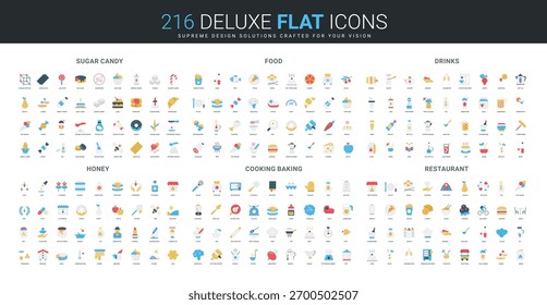 Flat icon collection featuring sugar candy, diverse foods, beverages, honey, baking tools, and restaurant themes, covering culinary, nutrition, and gastronomy concepts isolated vector illustration