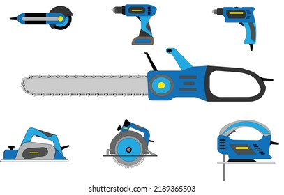 Flat icon collection of hand tools and power electric machines for carpenters. Set of hand power tools used for woodworking. circular saw, chain saw, drill, jig saw