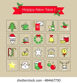 Flat icon collection Outline - New Year set