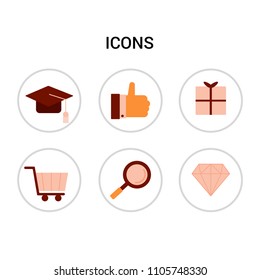 Flat icon collection. Review; Feedback; Lessons; Gift Box; Shopping Cart; Magnifying Glass; Diamond. Logo, symbols, vector illustration.