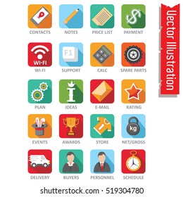 Flat icon collection for website. Icons set for online store. Vector illustration. 