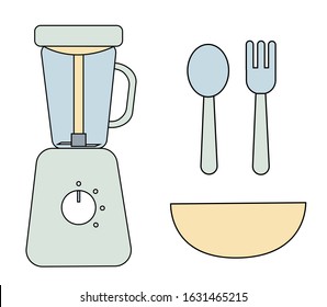 Flat icon of colored steamer blender for feeding a baby. Blue and grey spoon and fork with deep dish. Simple black stroke and soft colors. Vector Illustration isolated on white background.