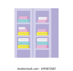 Flat icon with colorful folded linen in rack with glass doors vector illustration