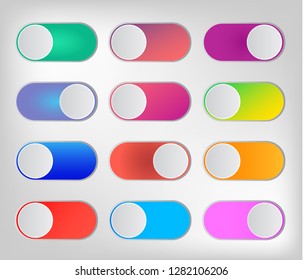Flat icon colorful switchers on off isolated on white background. Toggle switch icon, blue in on position, grey in off. Template for mobile and web applications. Vector 3d illustration.