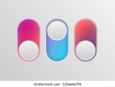 Flat icon colorful switchers onoff isolated on white background. Toggle switch icon, blue in on position, grey in off. Template for mobile and web applications. Vector 3d illustration.