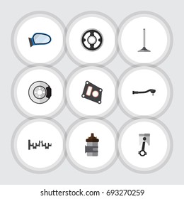 Flat Icon Component Set Of Auto Component, Gasket, Belt And Other Vector Objects. Also Includes Tool, Crankshaft, Absorber Elements.