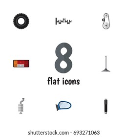 Flat Icon Component Set Of Cambelt, Headlight, Steels Shafts And Other Vector Objects. Also Includes Crankshaft, Valve, Headlight Elements.